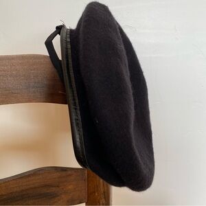 Classic Black Wool Beret with Leather Trim Size M Artisan Biker Goth Artsy